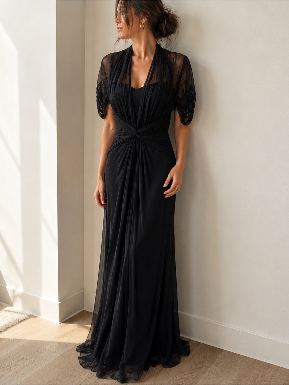 Tadashi Collection Black 100% Silk Chiffon Ruched Evening Gown Size 2